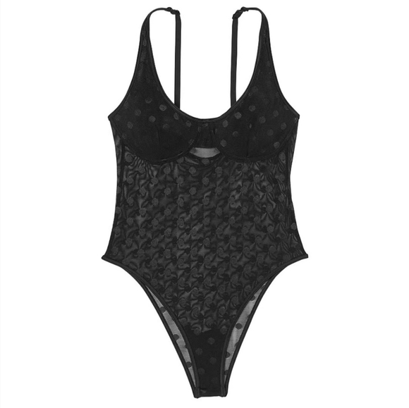 PINK Victoria's Secret Polka Dots Mesh Sheer Bodysuit. - Picture 3 of 15